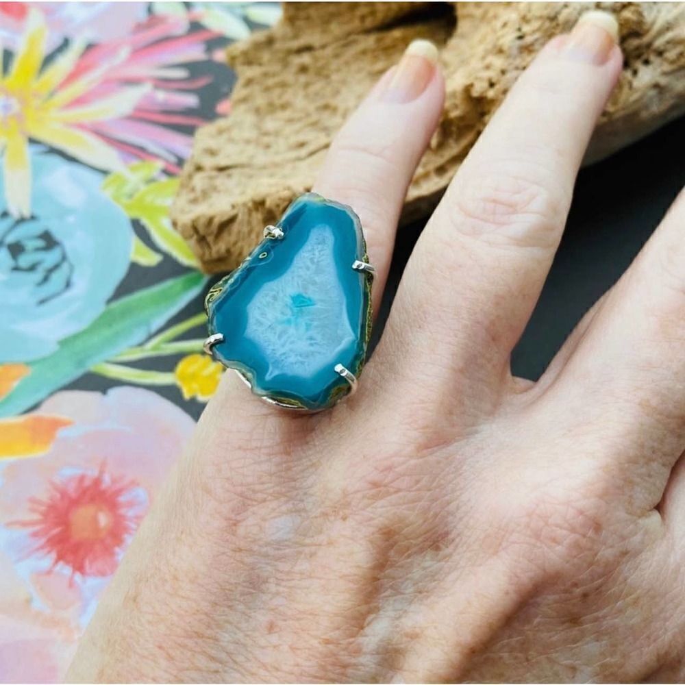 Marine Blue Agate Geode Sterling Silver Ring Size 6